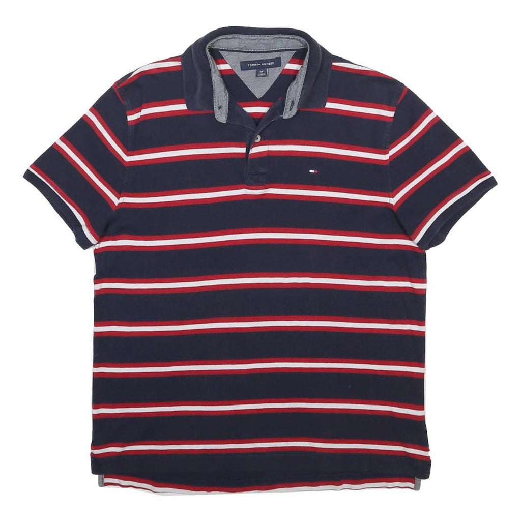 TOMMY HILFIGER Mens Navy Blue Red & White Striped Short Sleeve Polo Shirt S