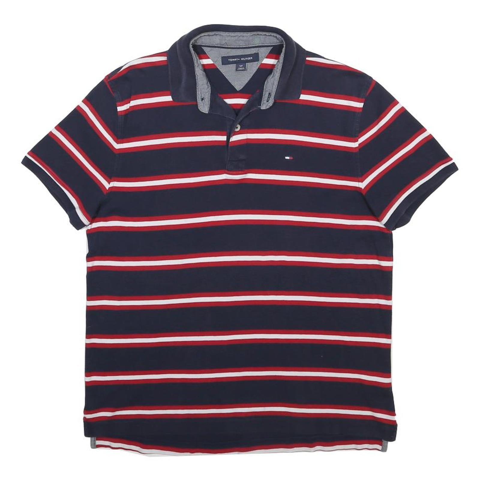 TOMMY HILFIGER Mens Navy Blue Red & White Striped Short Sleeve Polo Shirt S