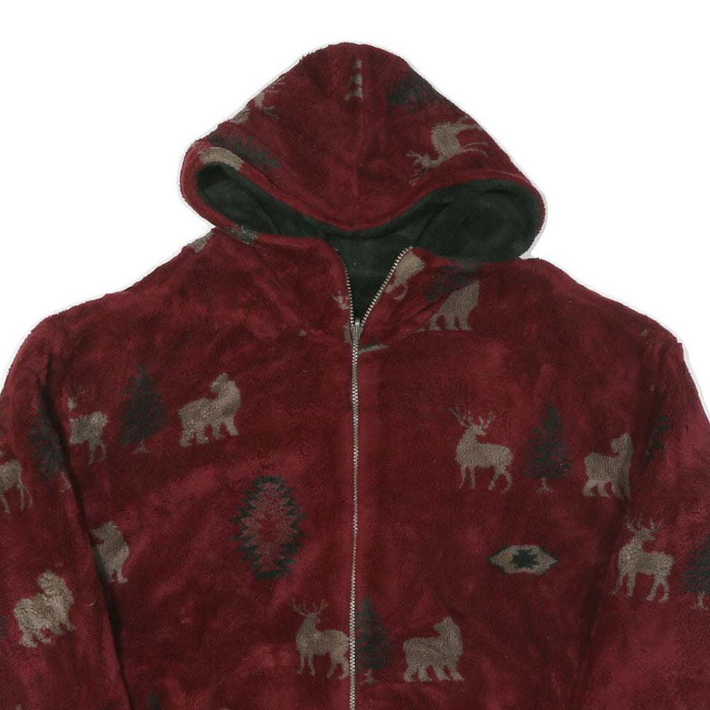 Womens Burgundy Animal Print Zip Hooded Jacket XL Polyester Blend Casual Cold