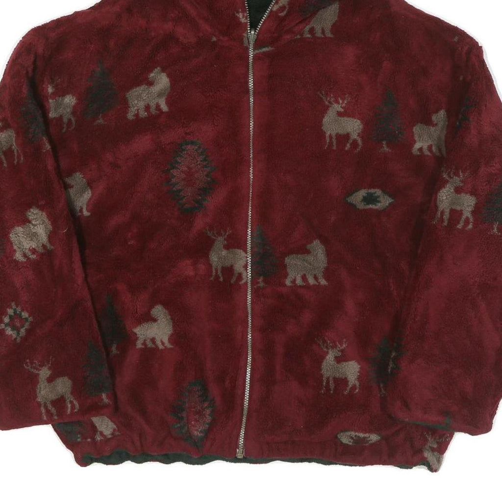 Womens Burgundy Animal Print Zip Hooded Jacket XL Polyester Blend Casual Cold