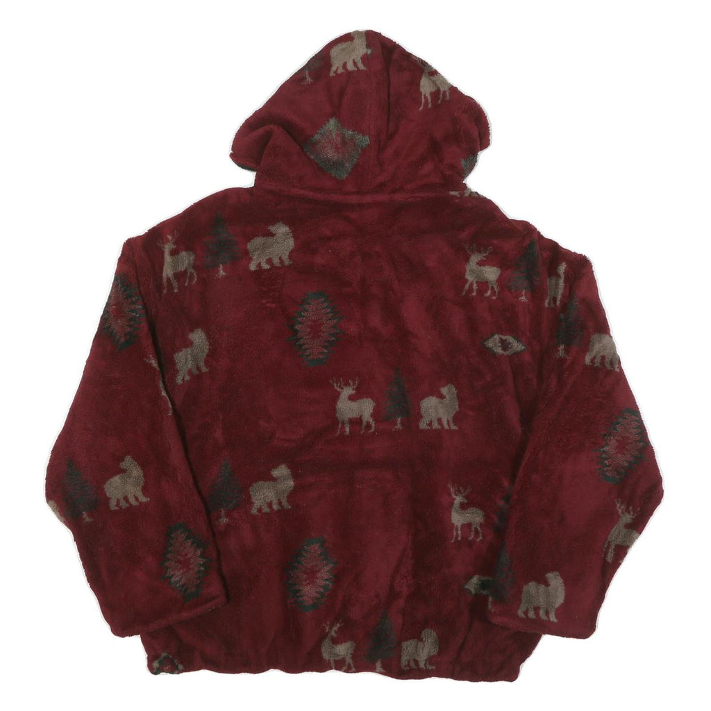 Womens Burgundy Animal Print Zip Hooded Jacket XL Polyester Blend Casual Cold