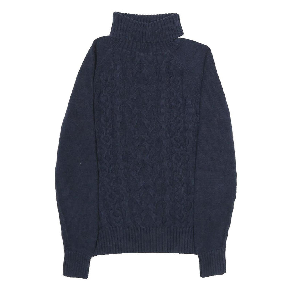 TOMMY HILFIGER Womens Navy Patterned Jumper Roll Neck Cable Knit M Cotton Blend