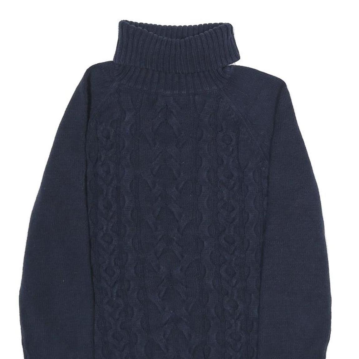 TOMMY HILFIGER Womens Navy Patterned Jumper Roll Neck Cable Knit M Cotton Blend