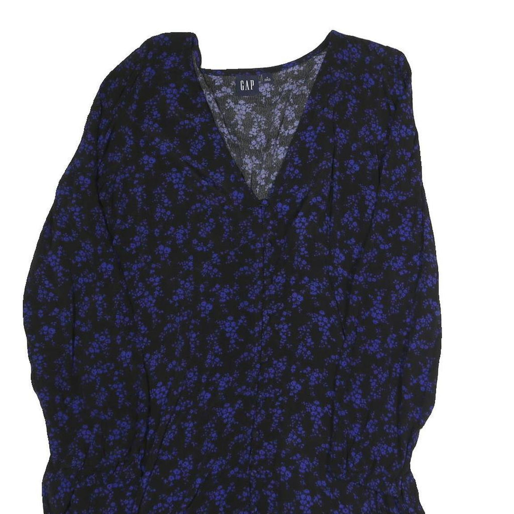 GAP Womens Black & Blue Floral Day Dress Polyester Blend V-Neck Long Sleeve M