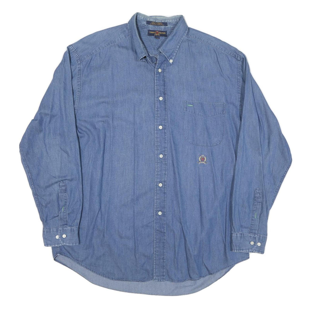 TOMMY HILFIGER Mens Blue Denim Cotton Blend Shirt XL Casual Classic Button-Down