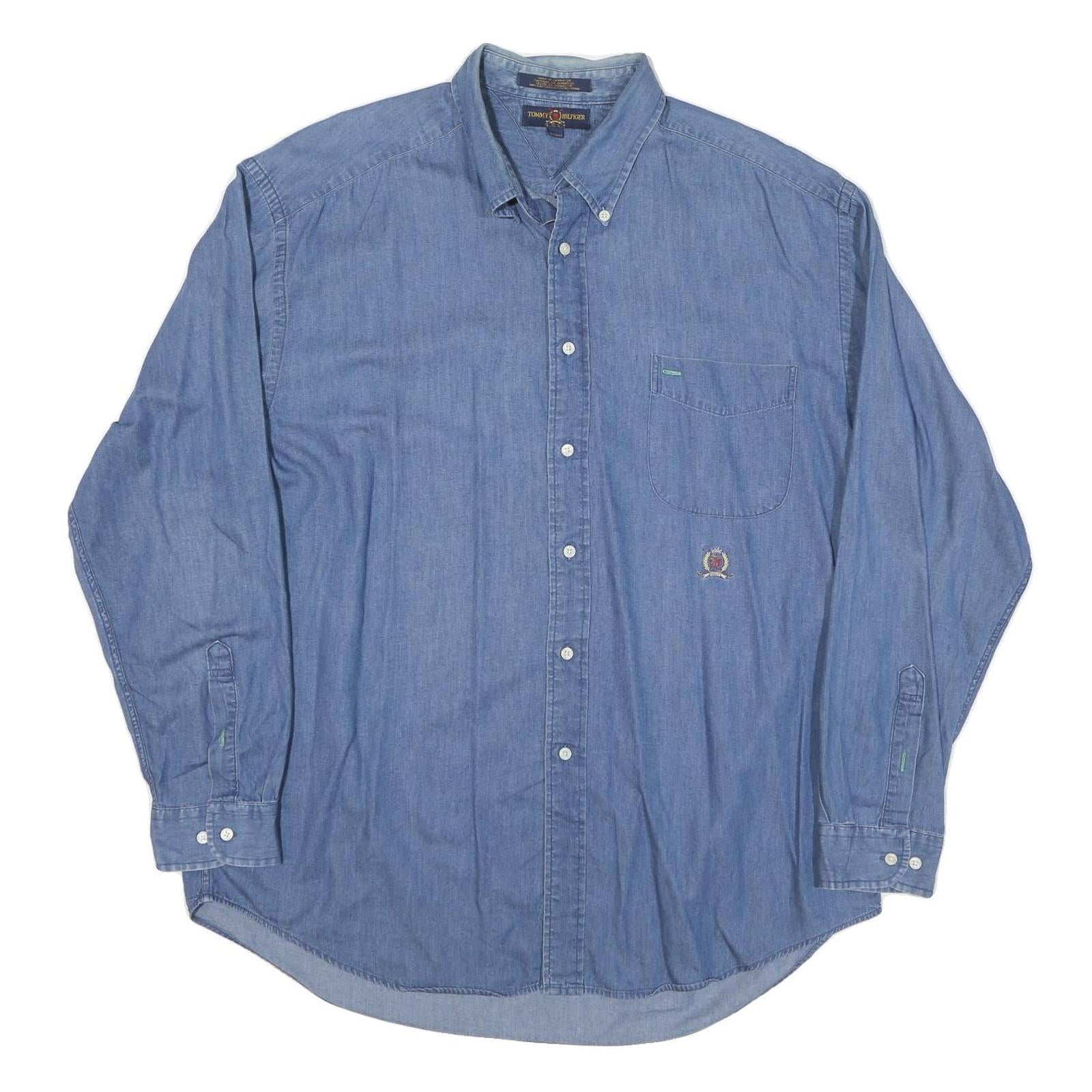 TOMMY HILFIGER Mens Blue Denim Cotton Blend Shirt XL Casual Classic Button-Down