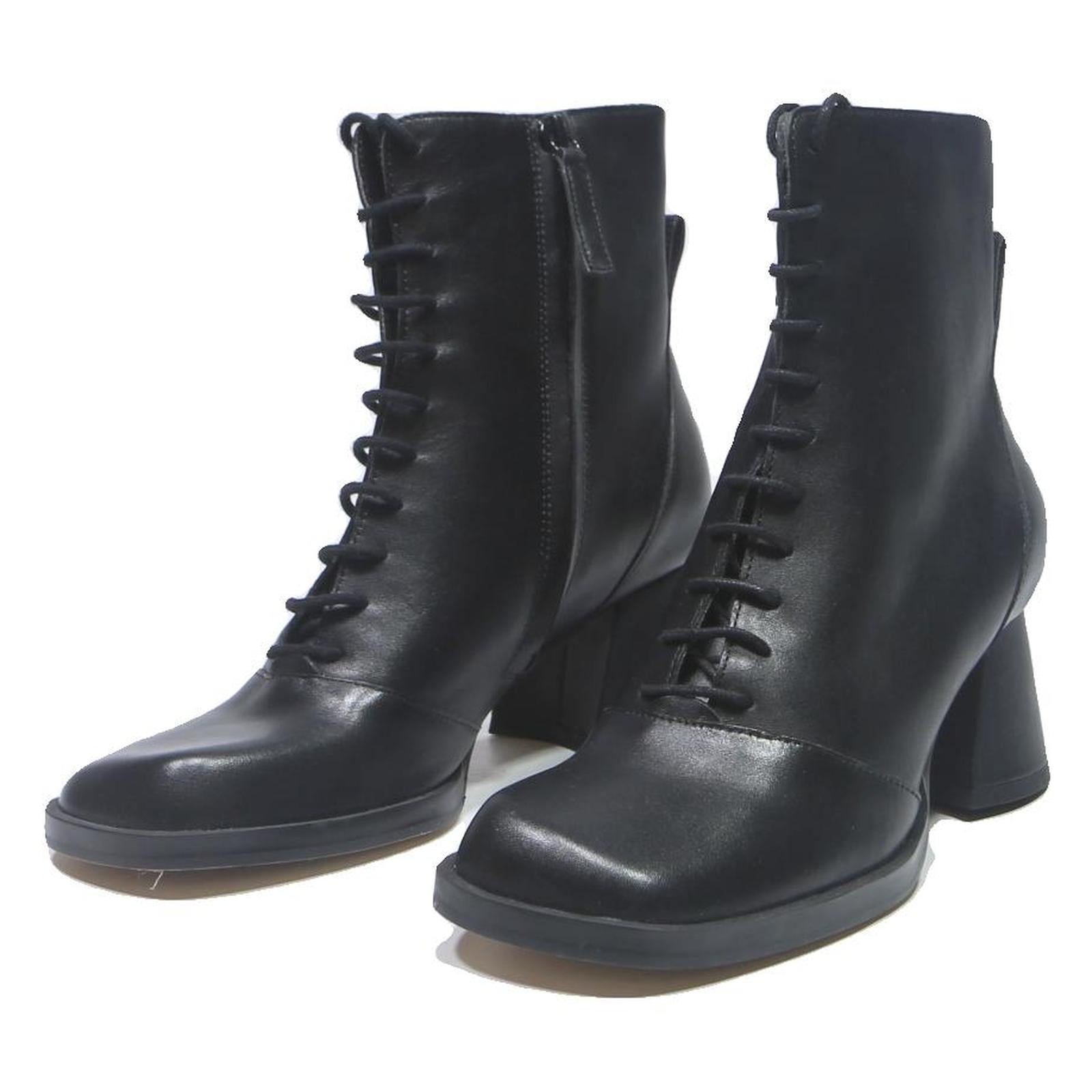 CHARLES & KEITH Womens Lace-Up Ankle Boots Black Leather UK 4 Stylish Comfort