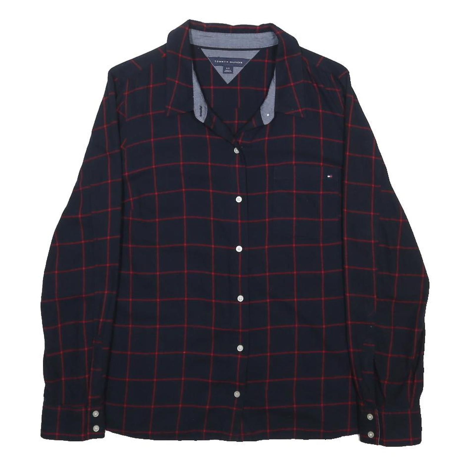 TOMMY HILFIGER Womens Navy Blue & Red Checked Shirt L Long Sleeve Cotton Blend