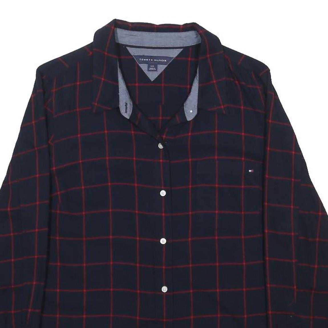 TOMMY HILFIGER Womens Navy Blue & Red Checked Shirt L Long Sleeve Cotton Blend