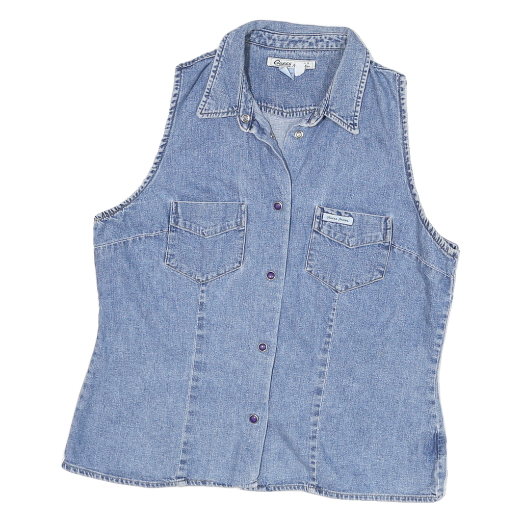 GUESS Womens Blue Denim Sleeveless Shirt XL Cotton Blend Casual
