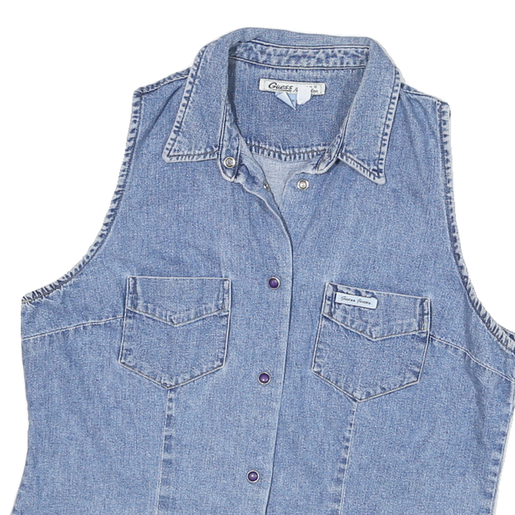 GUESS Womens Blue Denim Sleeveless Shirt XL Cotton Blend Casual