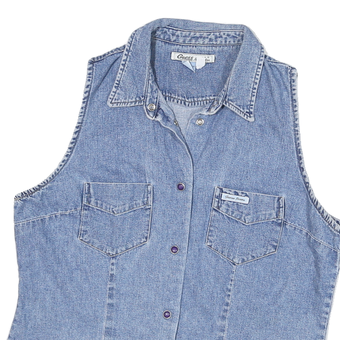 GUESS Womens Blue Denim Sleeveless Shirt XL Cotton Blend Casual