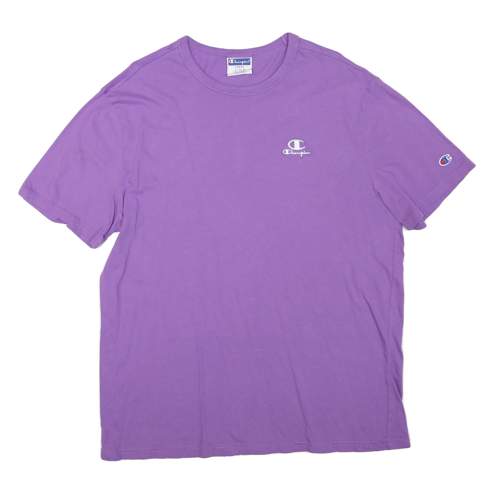 CHAMPION Mens Purple Graphic T-Shirt L Short Sleeve Crew Neck Cotton Blend