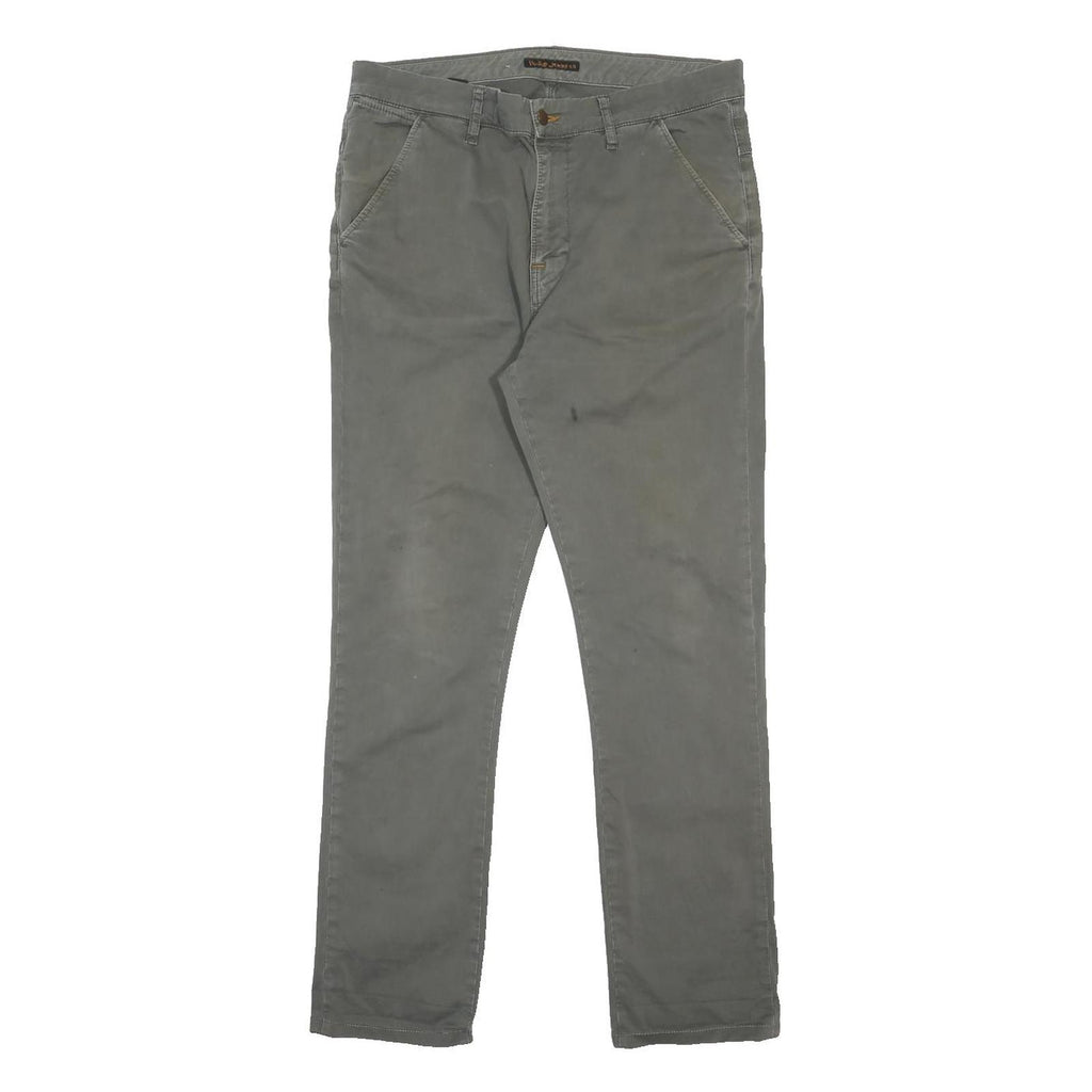 NUDIE JEANS Mens Cotton Blend Grey Slim Straight Trousers W33 L32 Stylish Zip