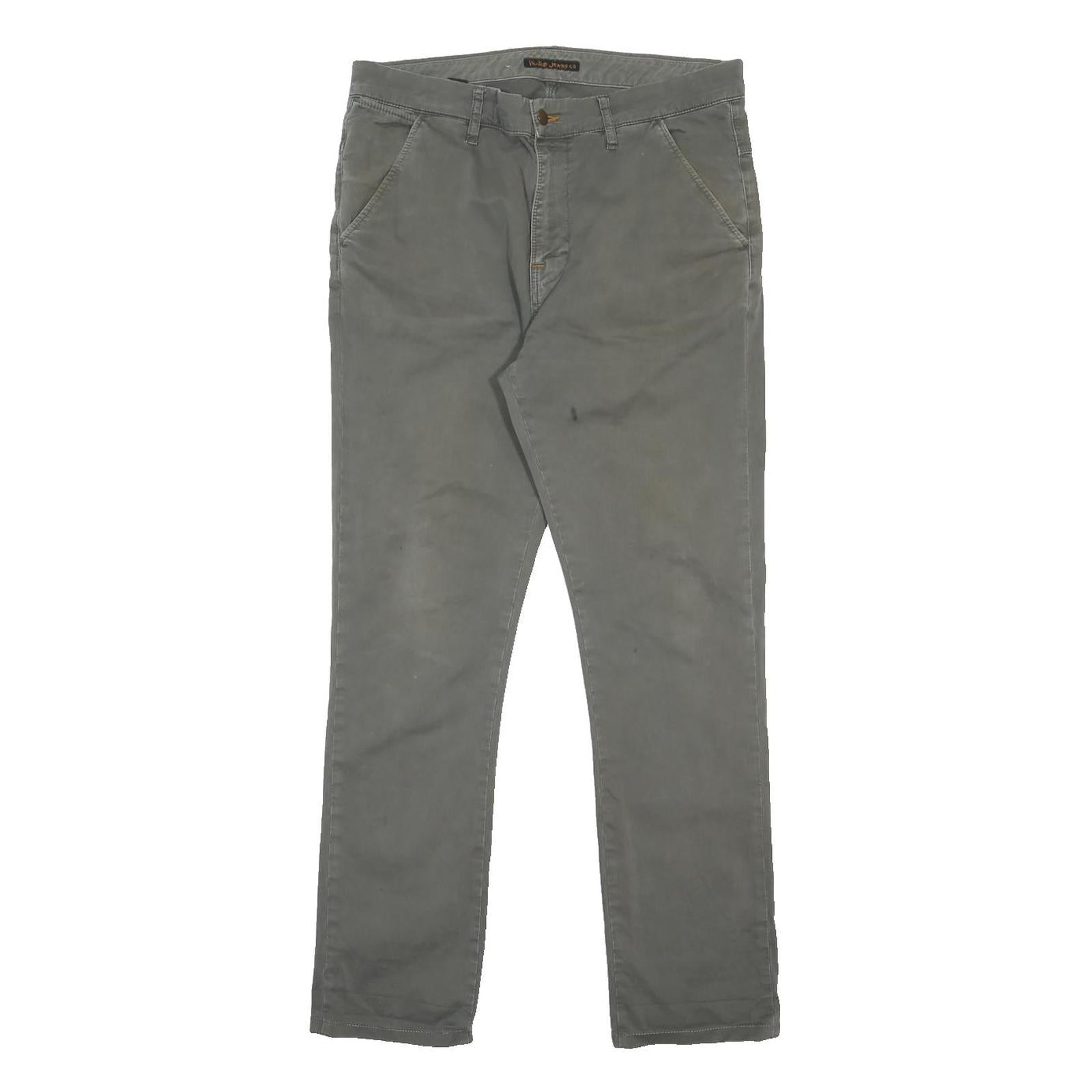 NUDIE JEANS Mens Cotton Blend Grey Slim Straight Trousers W33 L32 Stylish Zip