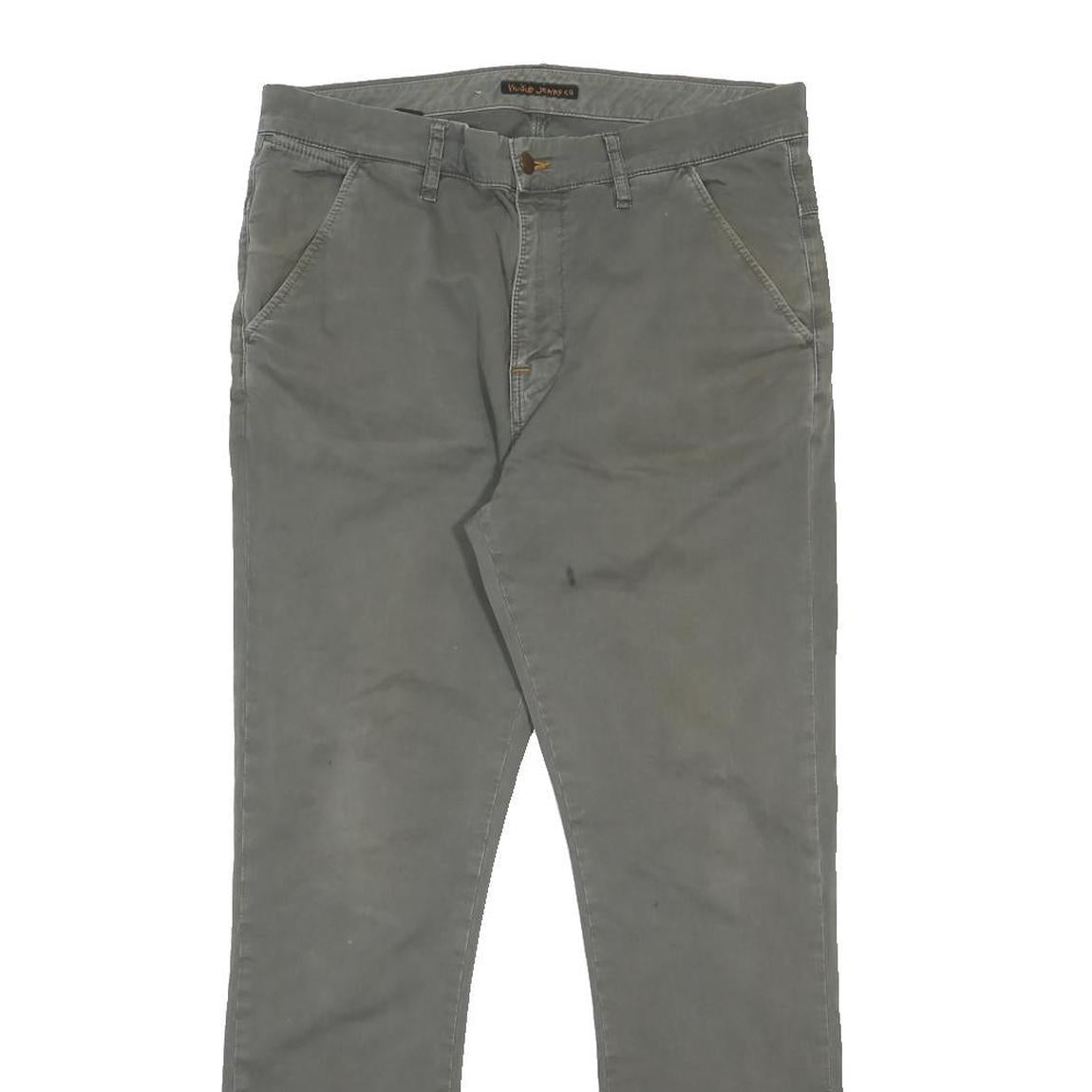 NUDIE JEANS Mens Cotton Blend Grey Slim Straight Trousers W33 L32 Stylish Zip