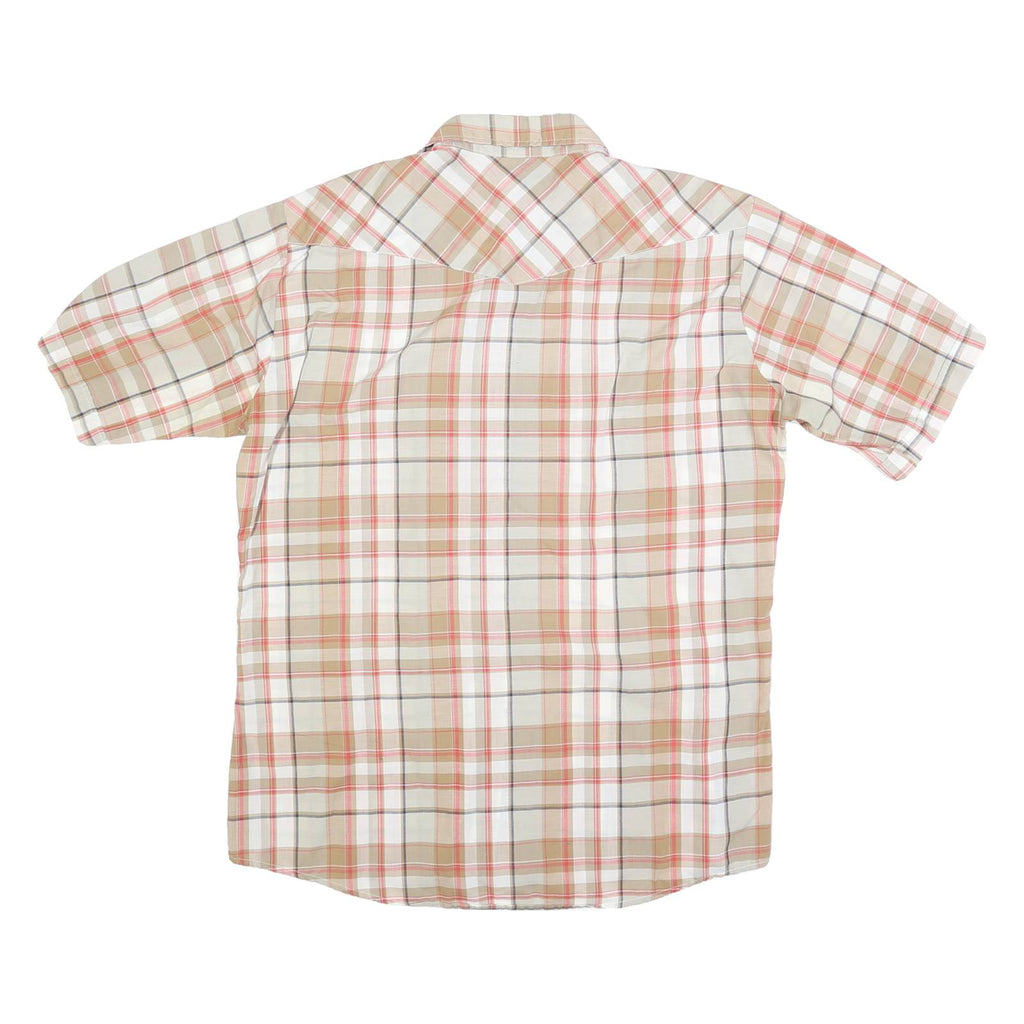 Mens Beige & Red Plaid Cotton Shirt L Button Short Sleeve Casual Summer Wear