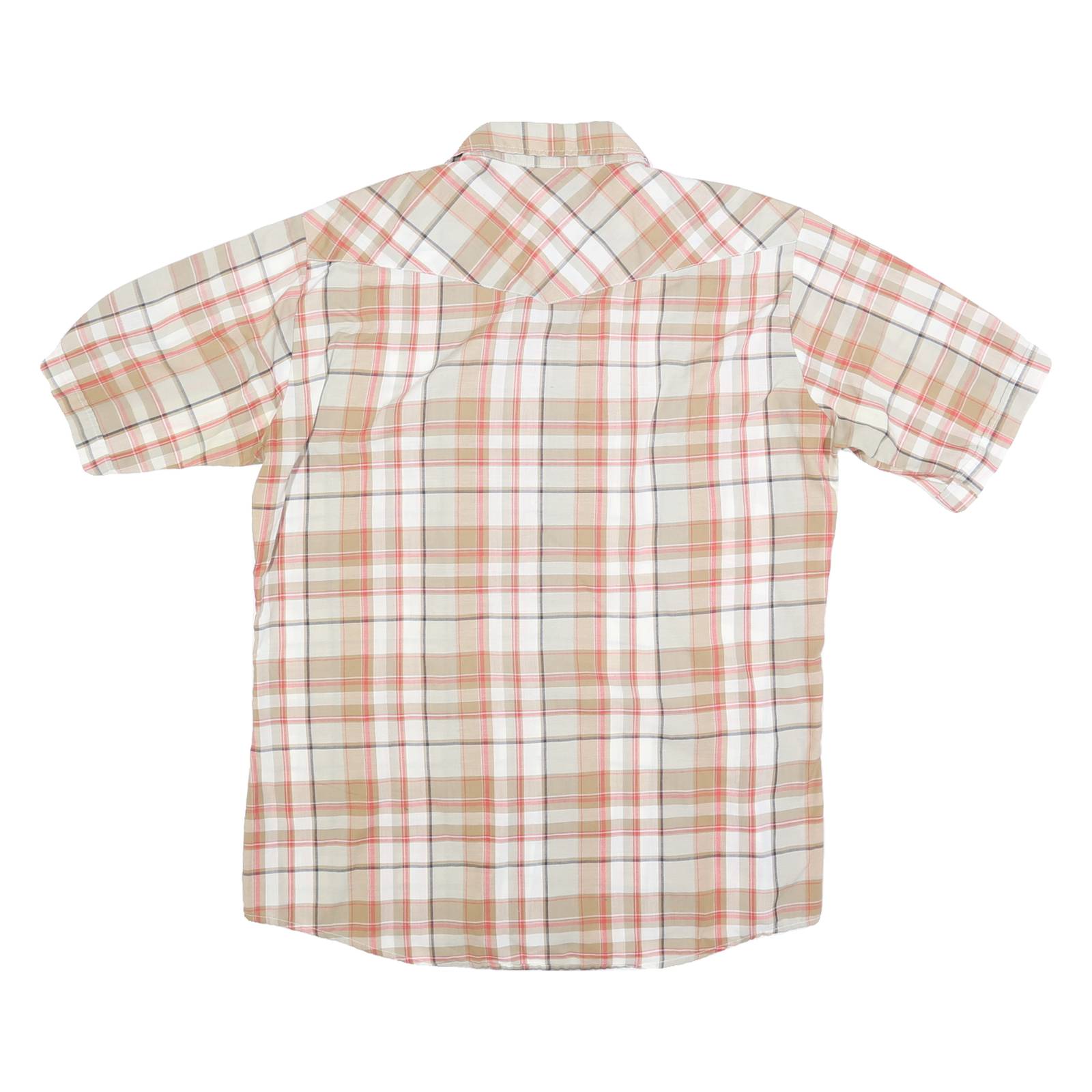 Mens Beige & Red Plaid Cotton Shirt L Button Short Sleeve Casual Summer Wear