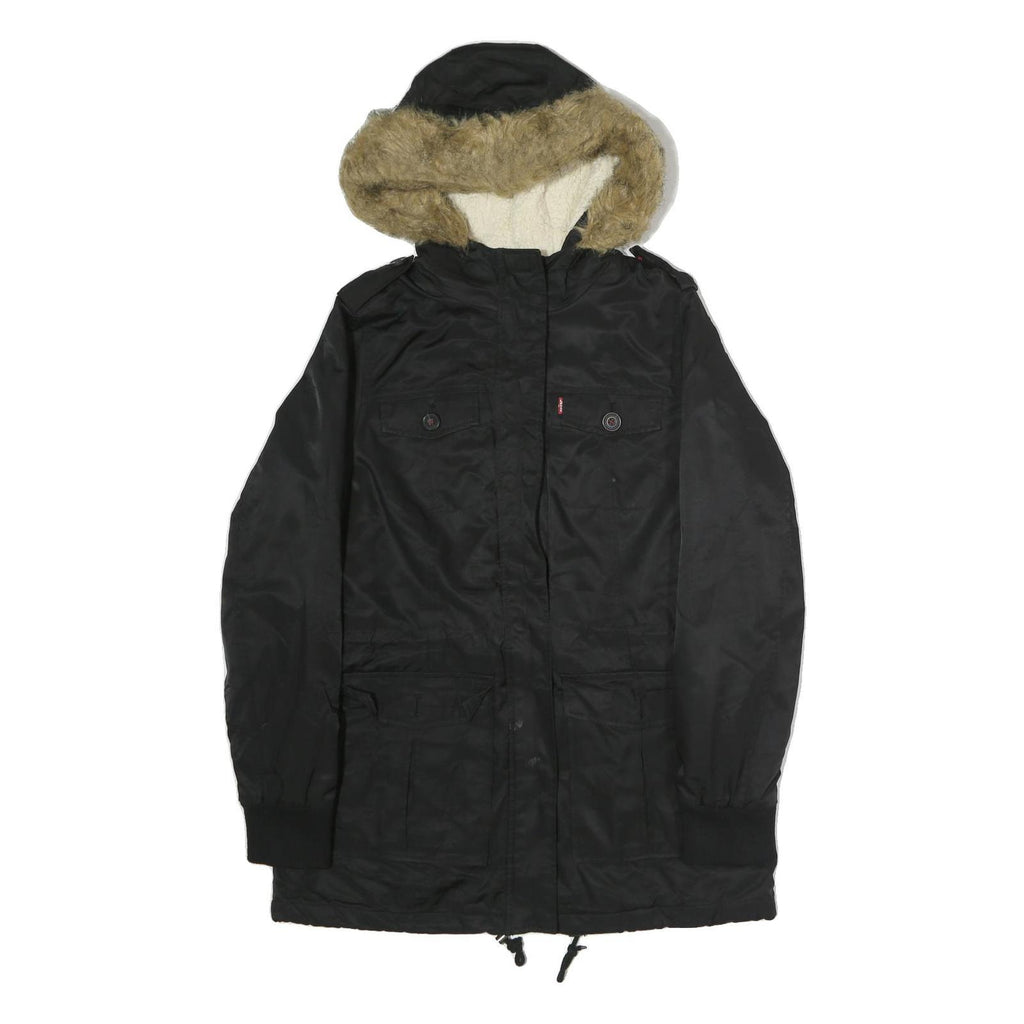LEVI'S Womens Black Cotton Hooded Jacket M Zip Casual Winter Outerwear