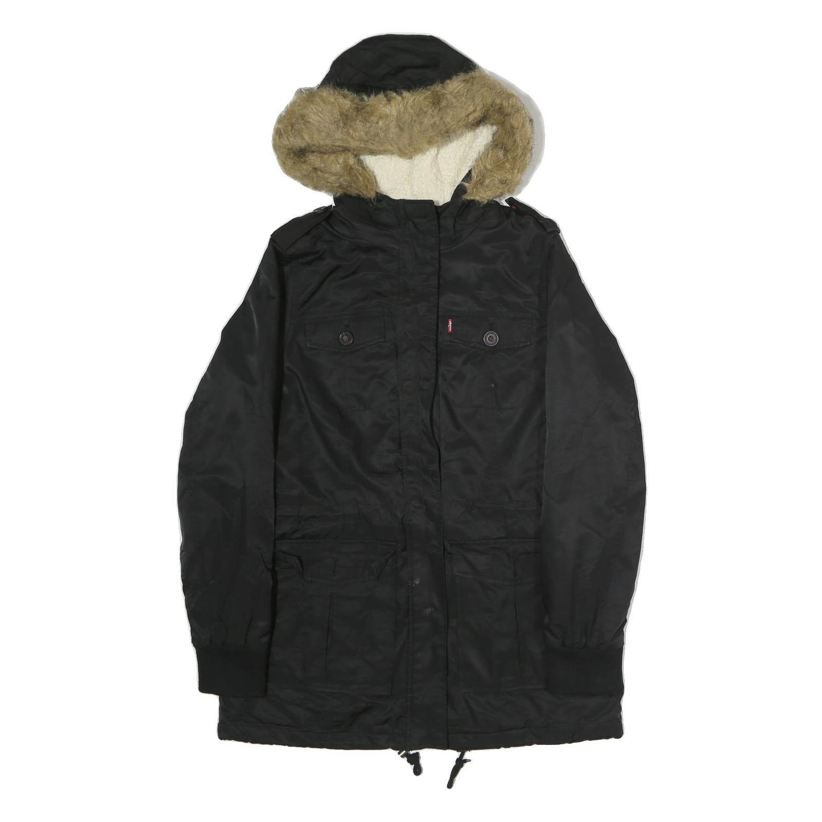 LEVI'S Womens Black Cotton Hooded Jacket M Zip Casual Winter Outerwear