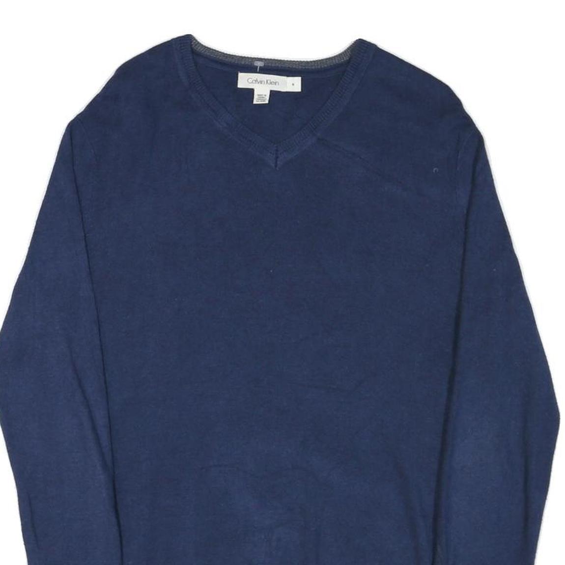 CALVIN KLEIN Mens Blue Plain Jumper V-Neck Basic Knit M Classic Cotton Blend