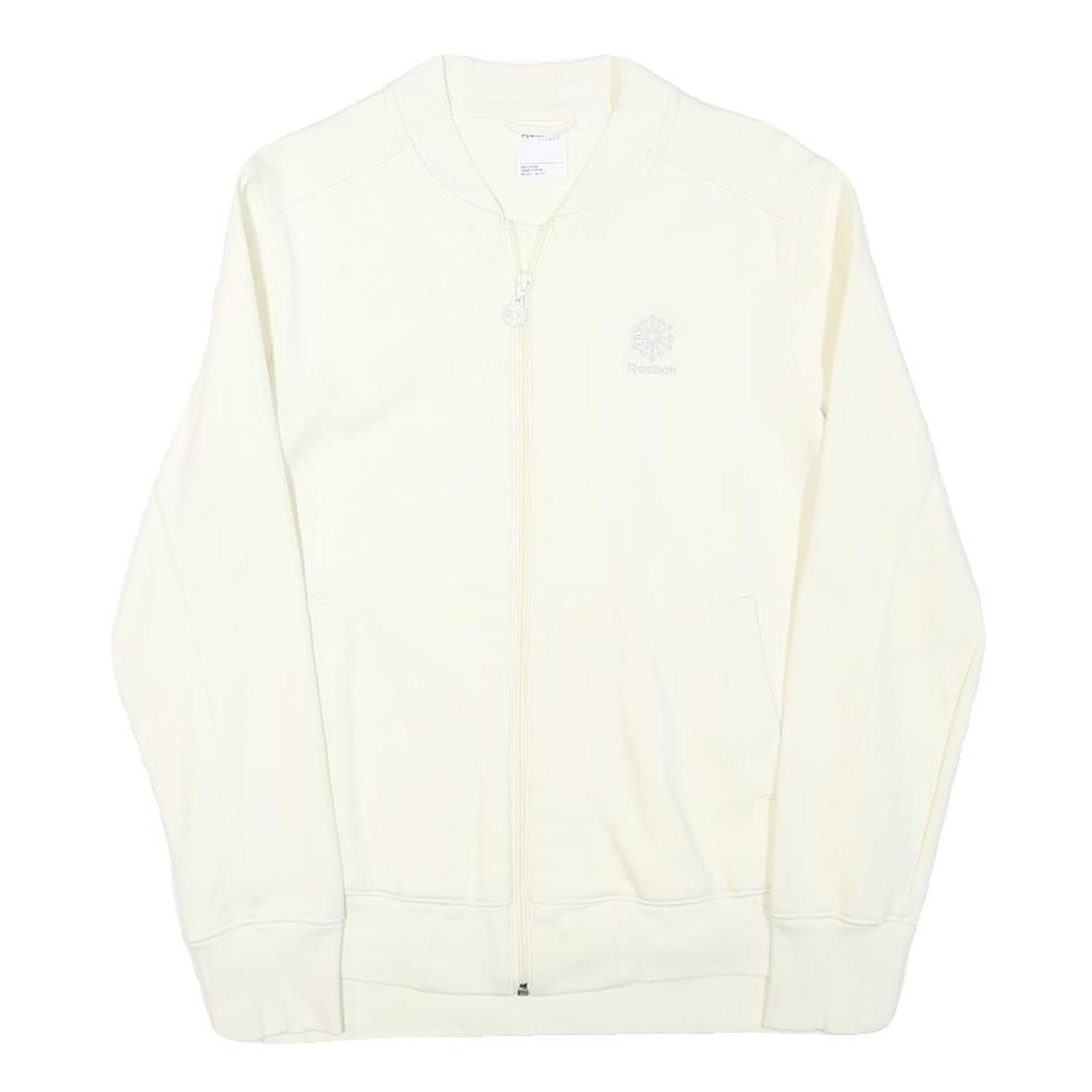 REEBOK Mens Cream White Zip Jacket S Cotton Blend Plain Lightweight Sportswear