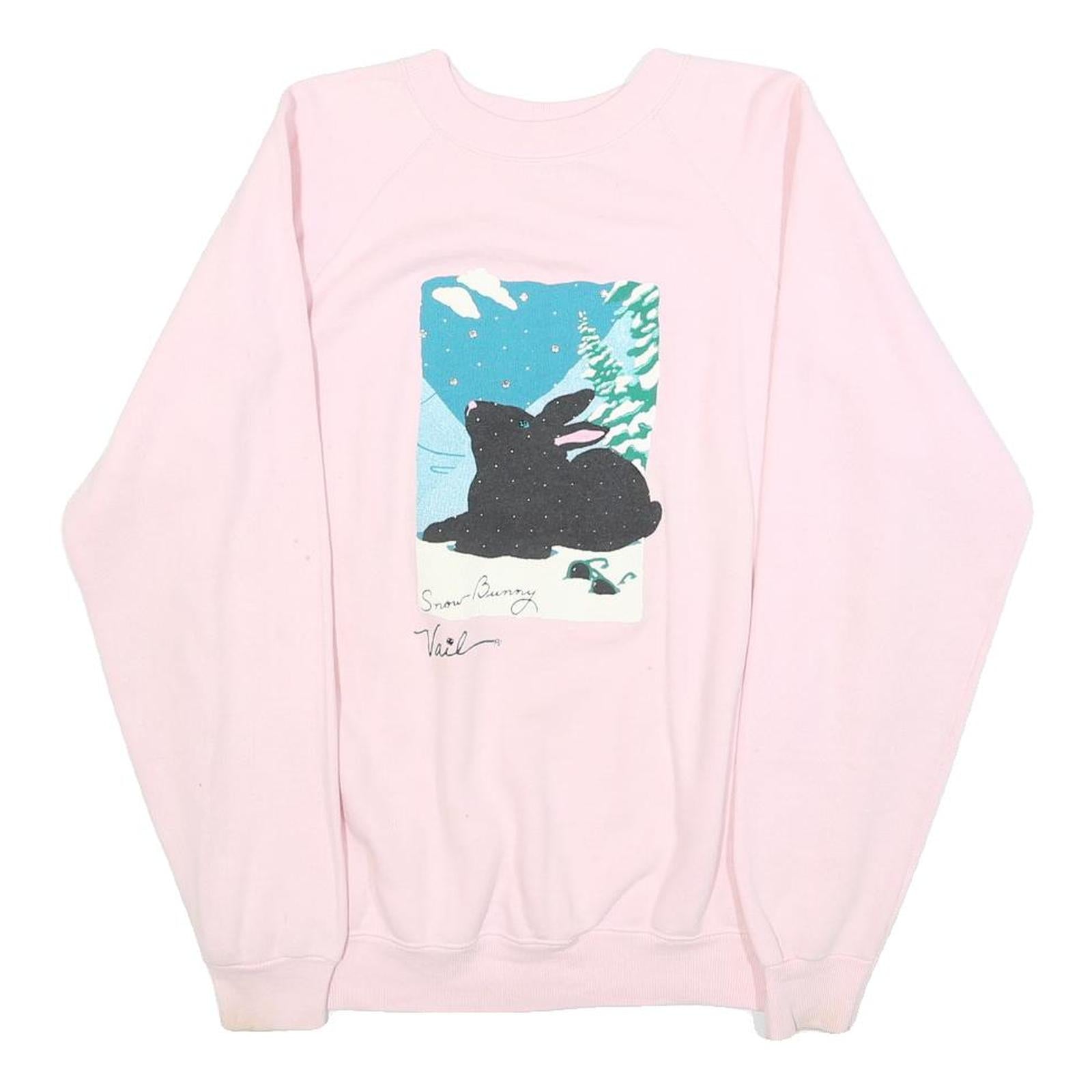 HANES Womens Pink Sweatshirt Snow Bunny Print Crew Neck M Cotton Blend Casual