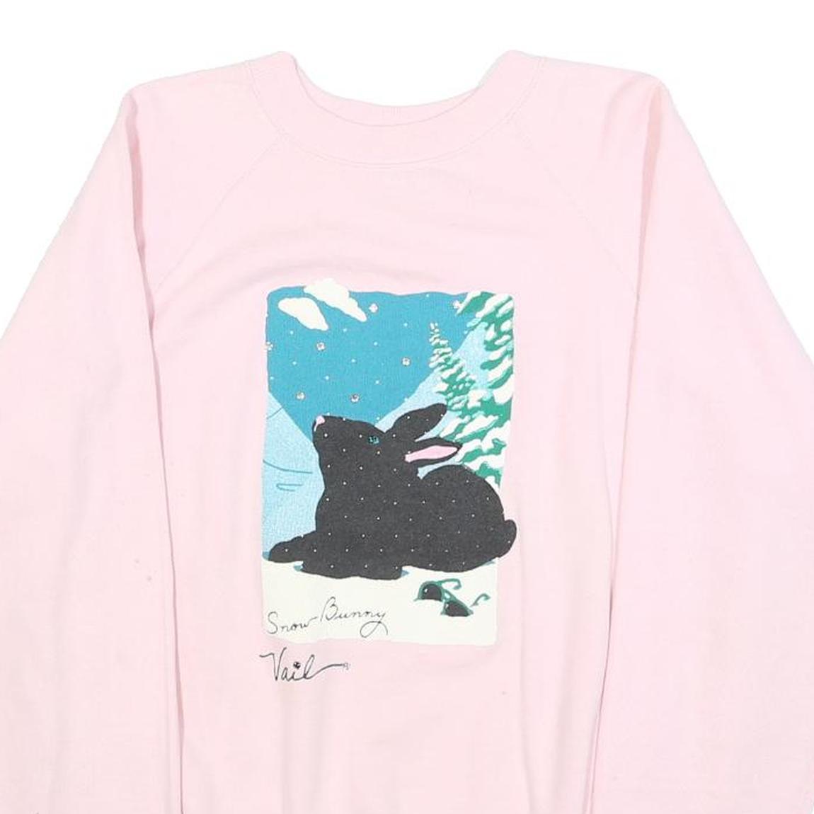 HANES Womens Pink Sweatshirt Snow Bunny Print Crew Neck M Cotton Blend Casual