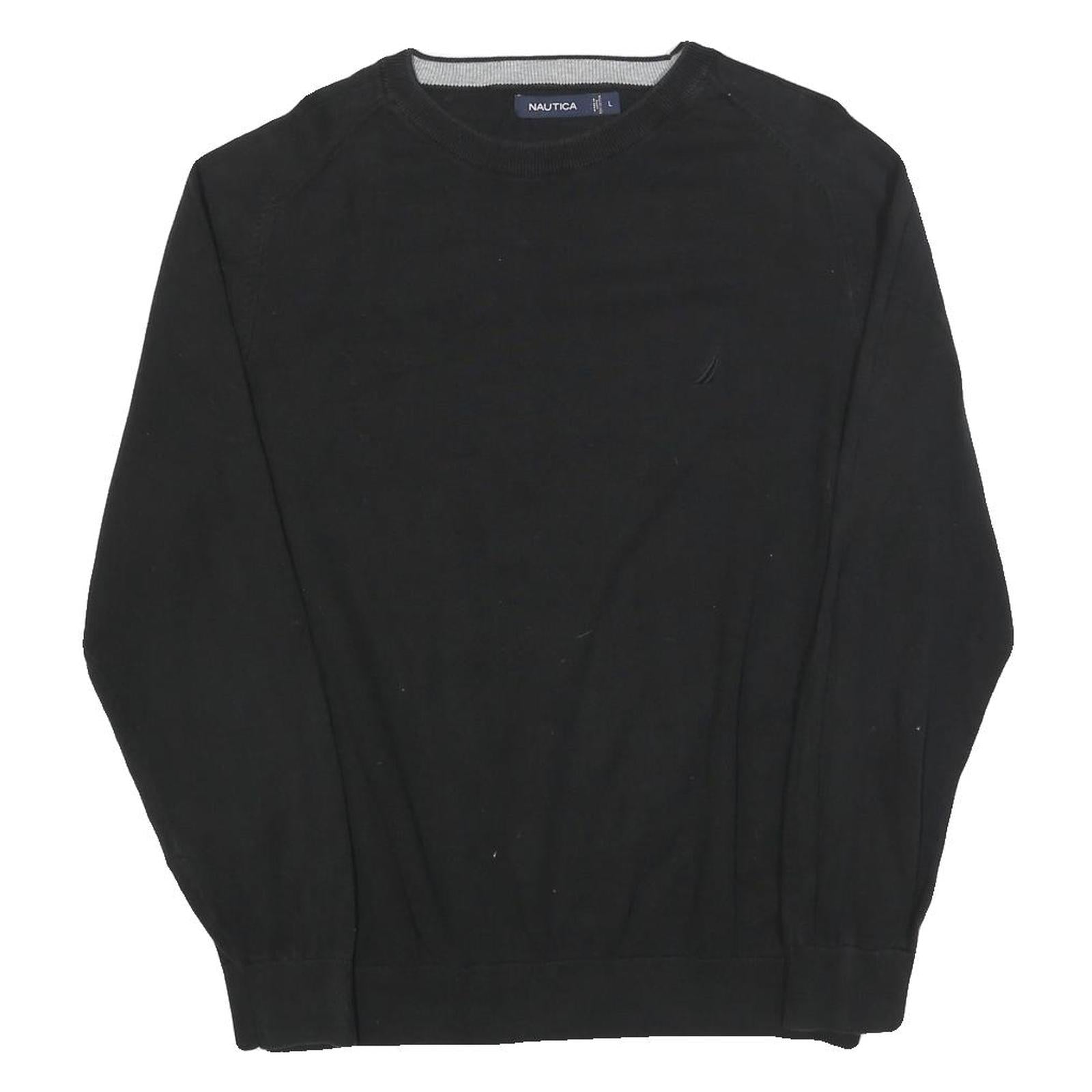 NAUTICA Mens Black Plain Cotton Jumper Crew Neck Basic Knit L Comfortable Casual