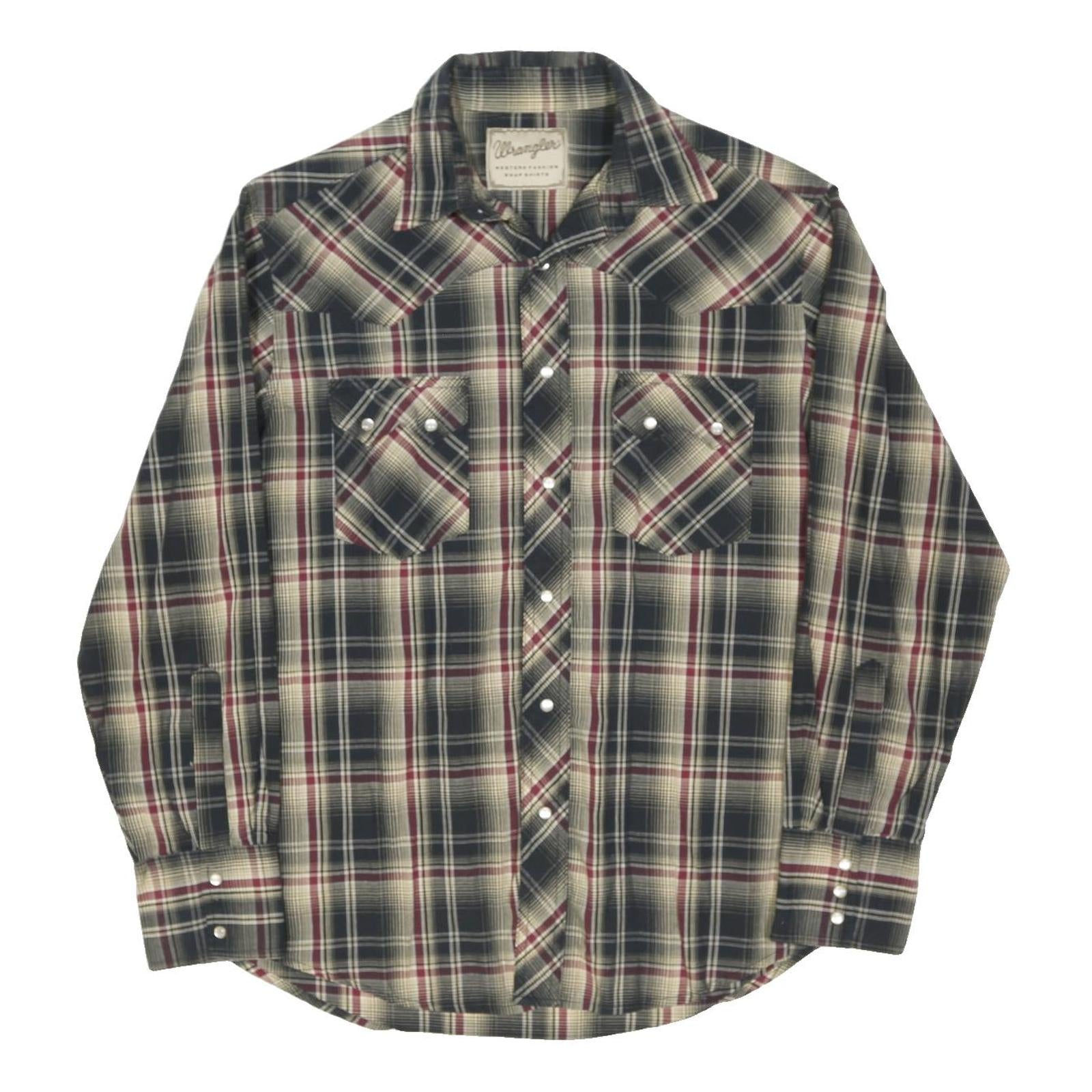 WRANGLER Mens Black Cream & Maroon Plaid Shirt M Classic Western Style Snap