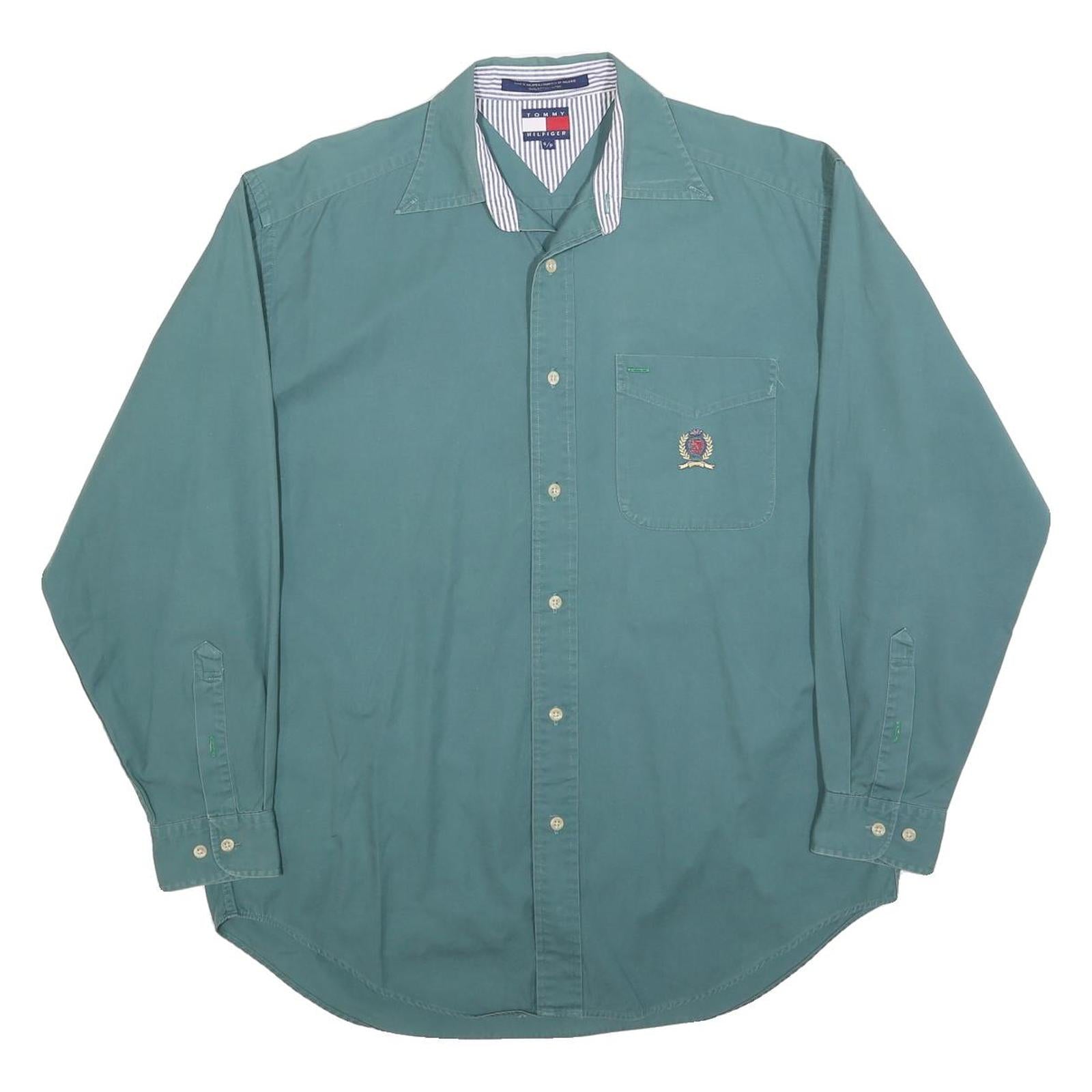 TOMMY HILFIGER Mens Green Plain Shirt S Long Sleeve Button Collar Casual