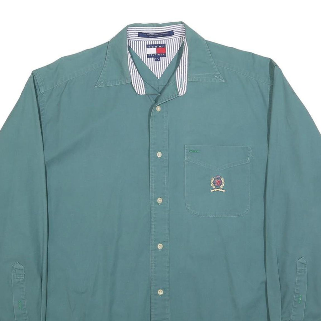 TOMMY HILFIGER Mens Green Plain Shirt S Long Sleeve Button Collar Casual