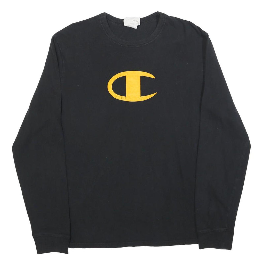 CHAMPION Mens Black Graphic T-Shirt M Long Sleeve Crew Neck Cotton Blend Logo