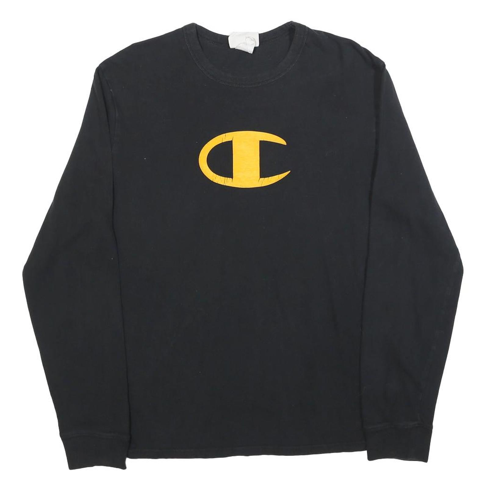 CHAMPION Mens Black Graphic T-Shirt M Long Sleeve Crew Neck Cotton Blend Logo