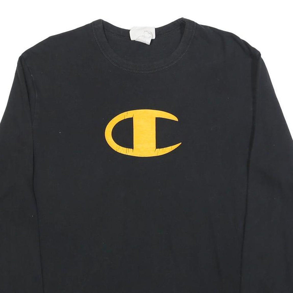 CHAMPION Mens Black Graphic T-Shirt M Long Sleeve Crew Neck Cotton Blend Logo