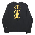 CHAMPION Mens Black Graphic T-Shirt M Long Sleeve Crew Neck Cotton Blend Logo
