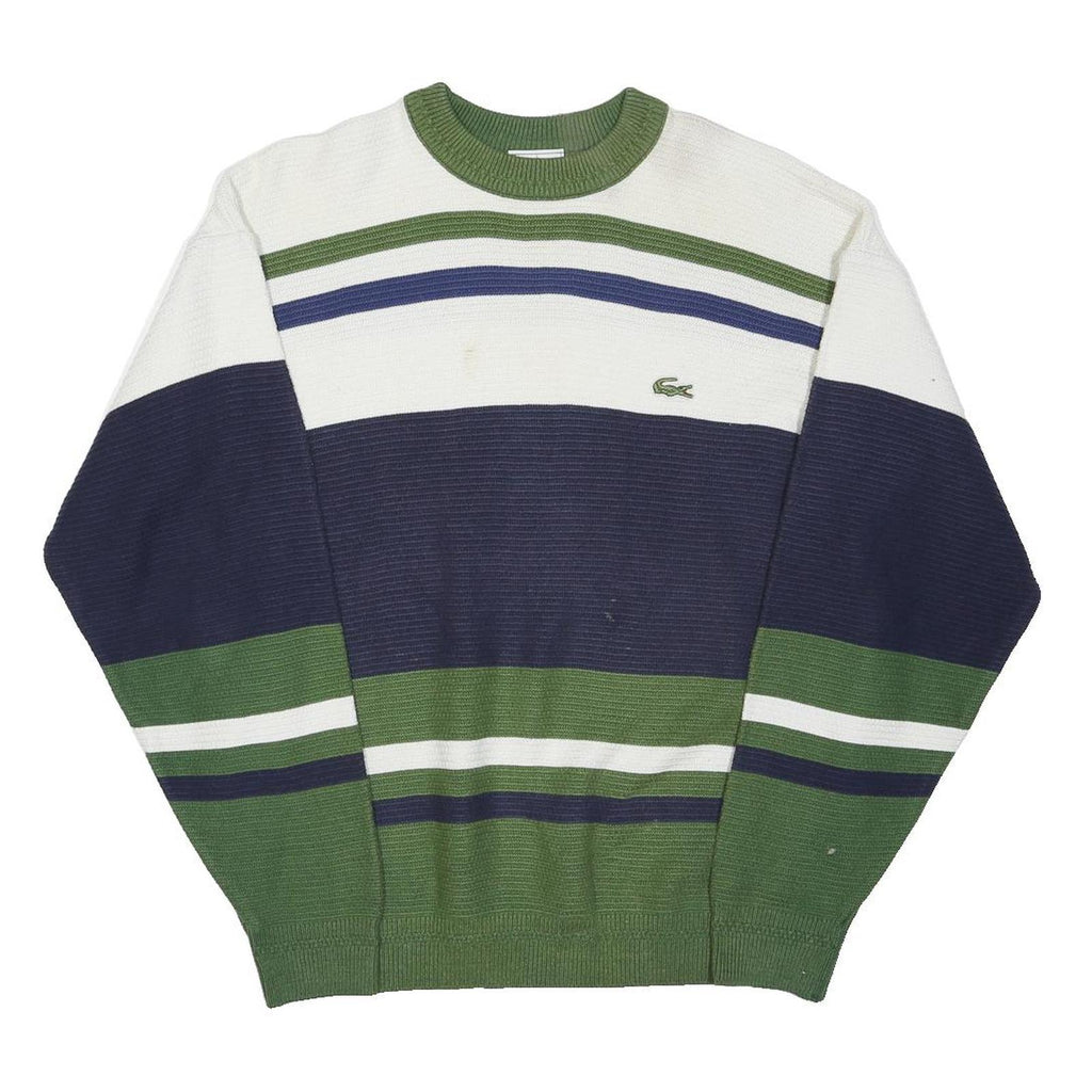LACOSTE Mens Green & Navy Blue Stripe Patterned Cotton Blend Jumper Crew Neck