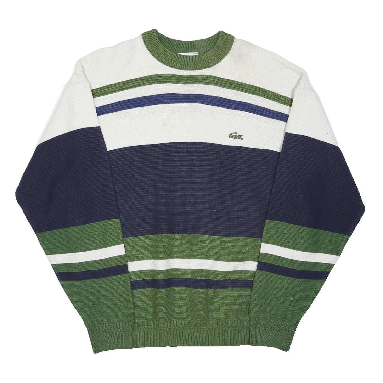 LACOSTE Mens Green & Navy Blue Stripe Patterned Cotton Blend Jumper Crew Neck
