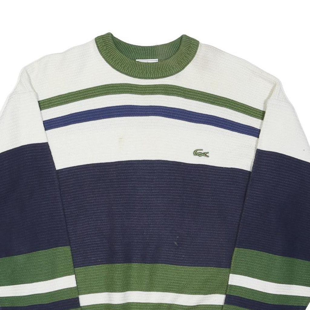 LACOSTE Mens Green & Navy Blue Stripe Patterned Cotton Blend Jumper Crew Neck