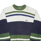 LACOSTE Mens Green & Navy Blue Stripe Patterned Cotton Blend Jumper Crew Neck