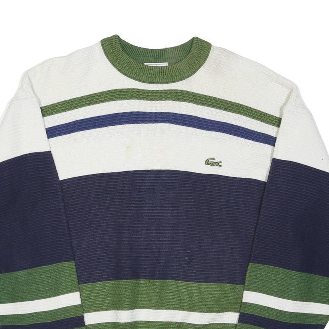 LACOSTE Mens Green & Navy Blue Stripe Patterned Cotton Blend Jumper Crew Neck