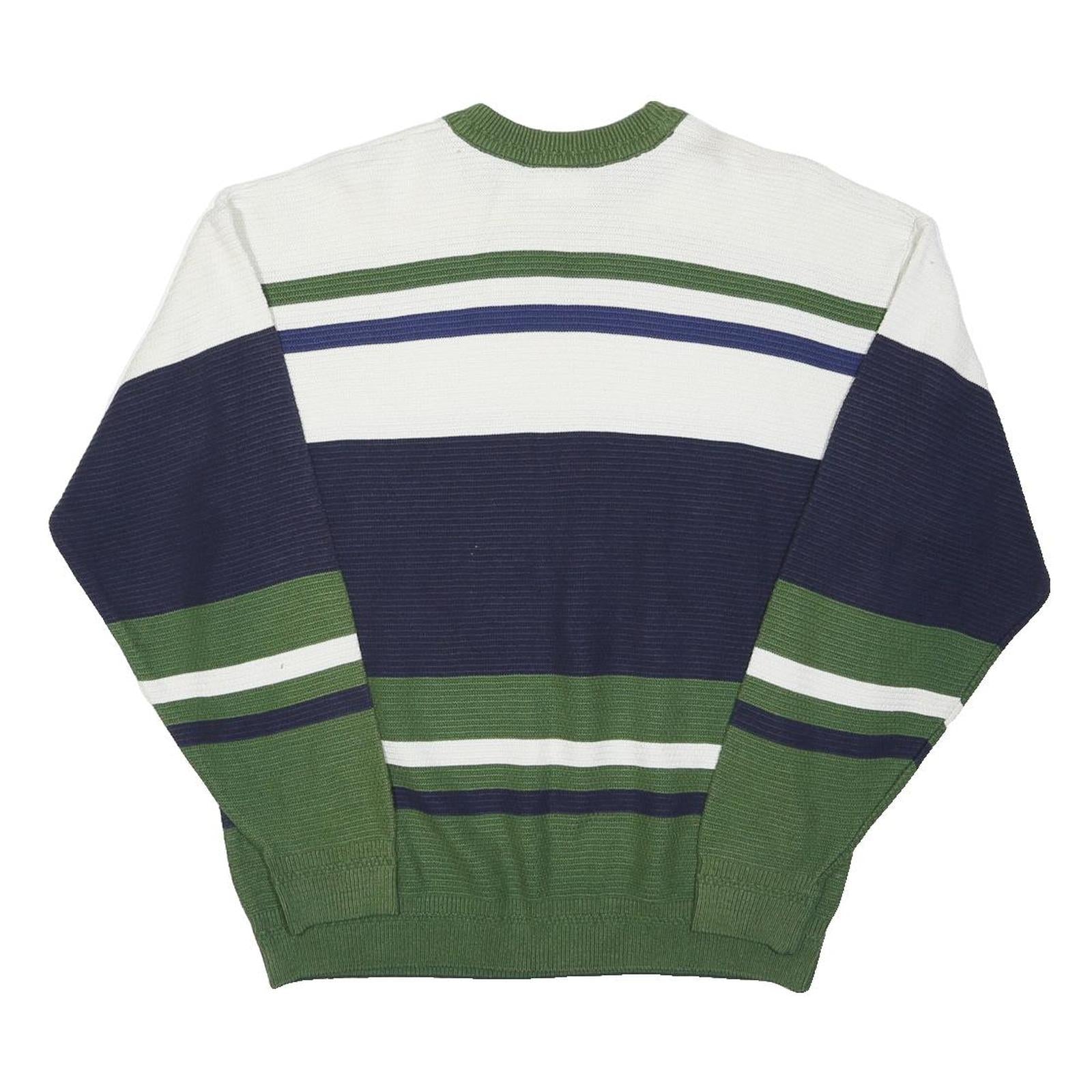 LACOSTE Mens Green & Navy Blue Stripe Patterned Cotton Blend Jumper Crew Neck