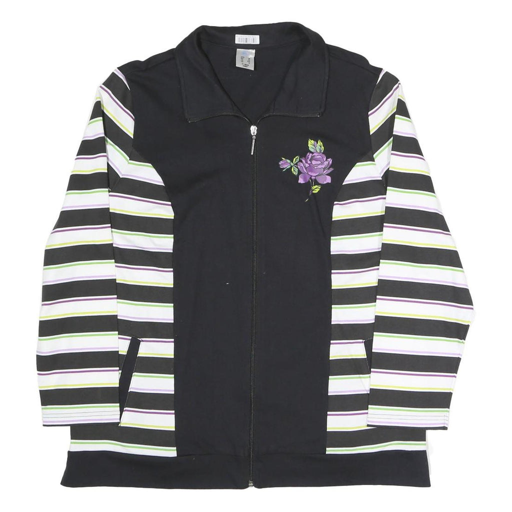 BLUE MOON Womens Black & Striped Jacket UK 22 Cotton Blend Zip Floral