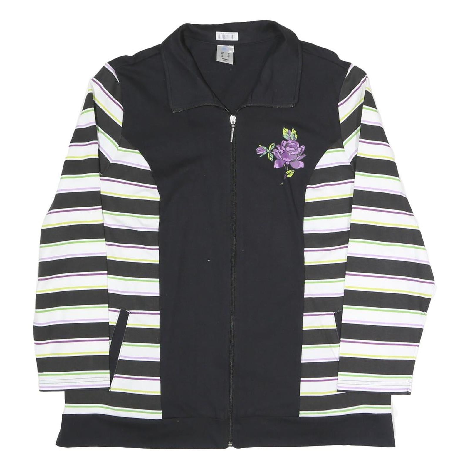 BLUE MOON Womens Black & Striped Jacket UK 22 Cotton Blend Zip Floral