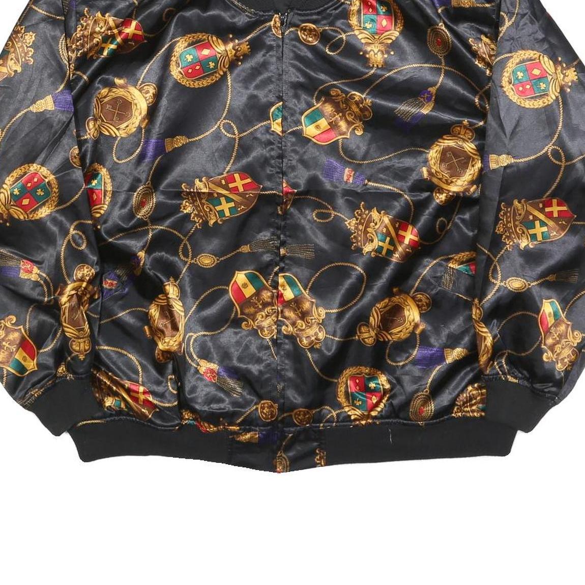 FLOSPORT Womens Black Satin Bomber Jacket L Polyester Blend Zip Baroque Print
