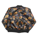 FLOSPORT Womens Black Satin Bomber Jacket L Polyester Blend Zip Baroque Print