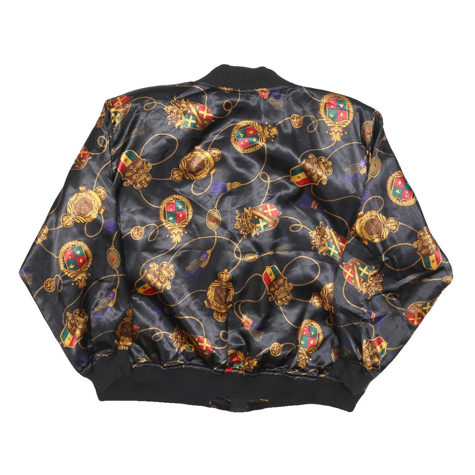 FLOSPORT Womens Black Satin Bomber Jacket L Polyester Blend Zip Baroque Print
