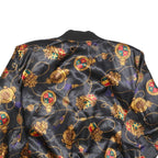 FLOSPORT Womens Black Satin Bomber Jacket L Polyester Blend Zip Baroque Print