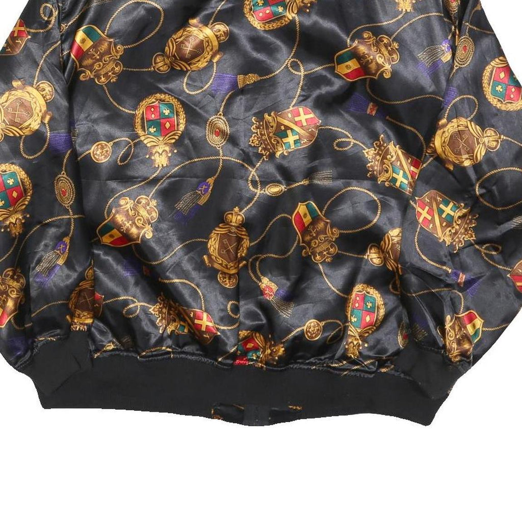 FLOSPORT Womens Black Satin Bomber Jacket L Polyester Blend Zip Baroque Print