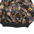 FLOSPORT Womens Black Satin Bomber Jacket L Polyester Blend Zip Baroque Print